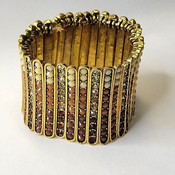 Gold Tone and Brown Wide Cuff Embellished Stretchy Bracelet - Picture 5 of 12